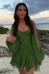 Wrapped V Neck Slit Long Sleeve Irregular Hem Plain Mini Dresses